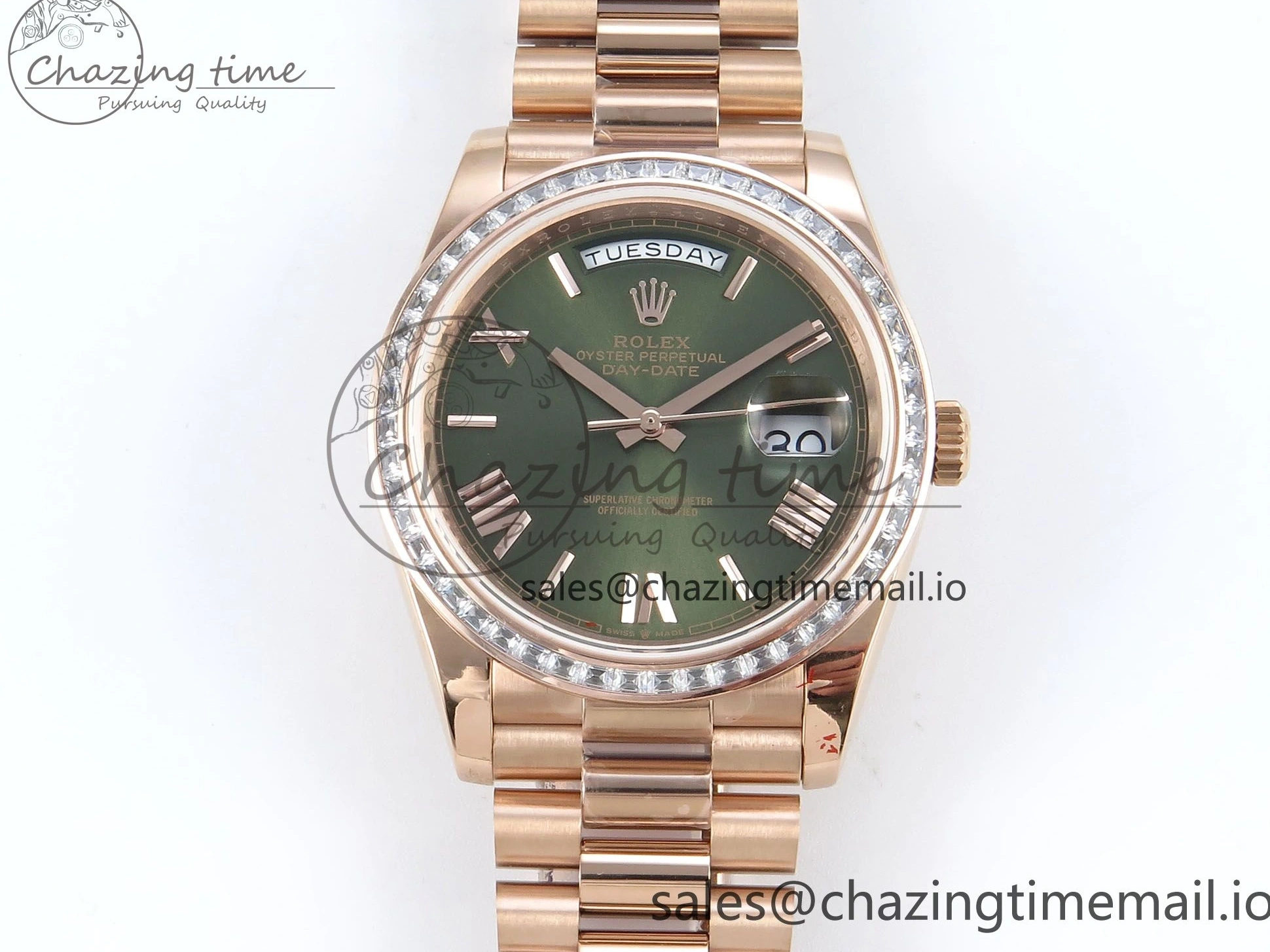 MiroTime 0310 Trendsetting DayDate 40 RG QF 1:1 Best Edition Green Roman Dial Diamonds Bezel on President Bracelet A2836 V5 (Gain Weight) 468